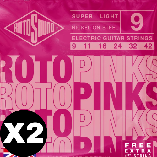 Rotosound R9 Pink Nickel Electric Guitar Strings 09-42 Super Light 2 - Pack